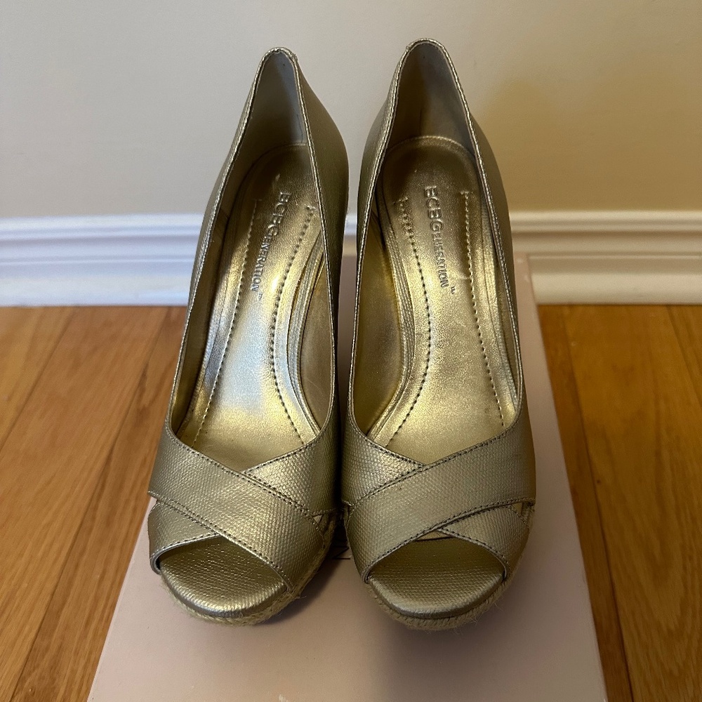 BCBG gold canvas sandals